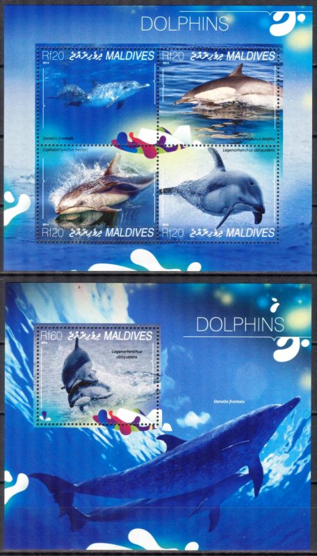 Maldive Islands 2014 Marine Life Dolphins Sheet + S/S MNH