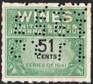 RE191 51¢ Wine Revenue Stamp (1951) Perfin