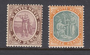 St. Kitts - Nevis Sc 3, 18a MNH. 1903-05 2p & 3p bicolors, fresh, bright, F-VF