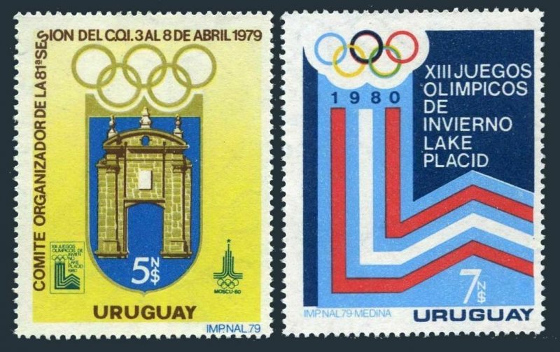 Uruguay 1019-1020, MNH. Olympics Lake Placid-1980, Moscow-1980. Arch, emblems.