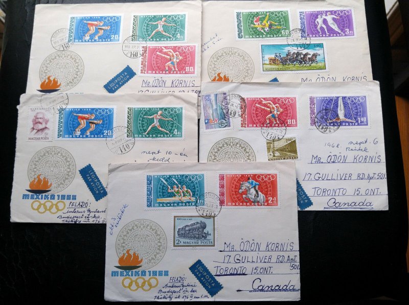 RARE HUNGARY 1968 “MEXICO OLYMPICS” REGISTERED 04 POSTALY USED 1ST DAY COVERS TO