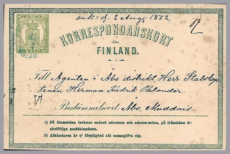 FINLAND - 1871 Postal Card - Michel P2a (salmon paper) - Helsingfors to Abo