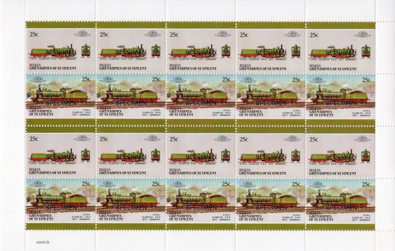 Bequia 1987 Locomotives #5 (8 Pairs) 8 Mini-Sheetlets SPECIMEN UNFOLDED MNH