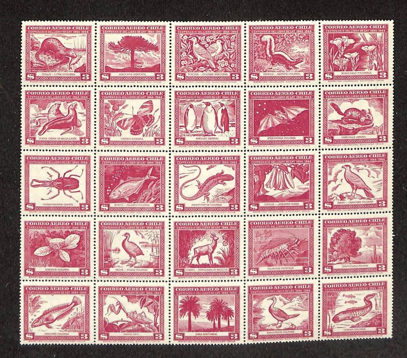 Chile Postage Stamp, #C124 Sheet Mint NH, 1948 Animals, Butterfly, Fish, Bird