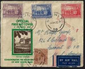 AUSTRALIA 1937 OFFICIAL FDC OF 150th ANNIV OF NSW UPRATED W/5d AIR MAIL COVER TO
