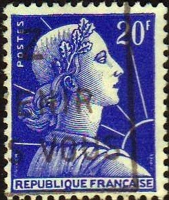 France 1957 Sc#755, SG#1238b 20f Blue Marianne by Muller USED.