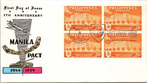 Philippines FDC 1959 - Manila Pact 5th Anniv - 4x25c Stamp - Block - F43383