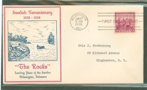 US 836 1938 3c Delaware Tercentenary (single) on an addressed first day cover with a Delaware Stamp club cachet.