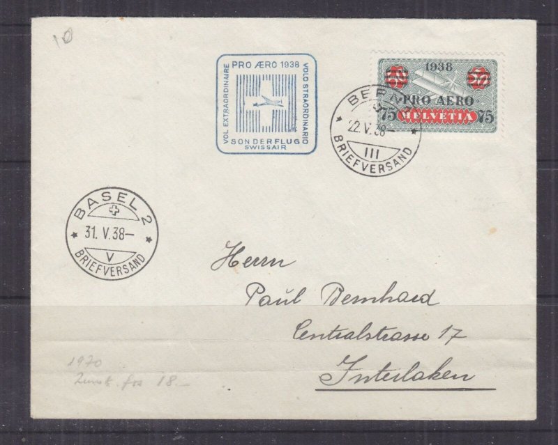 SWITZERLAND, 1938 PRO AEREO 75c, on 50c. First Day cover.