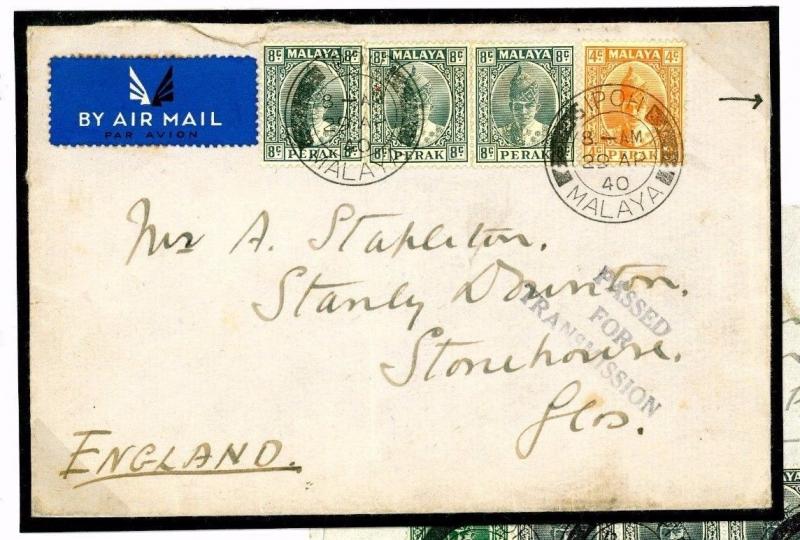 Malaya 1940 PERAK WW2 *Ipoh* Censored 55c Airmail Cover Stonehouse Glos W329