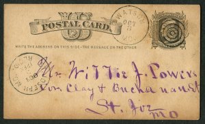 1877 US Postal Card Watson to St Joseph MO 1c Liberty Purple Ink Family Message