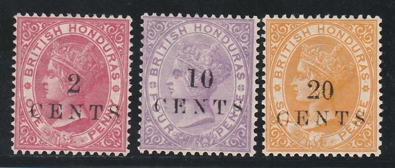 BRITISH HONDURAS 1888 QV SMALL OVERPRINT 2C 10C 20C NO GUM