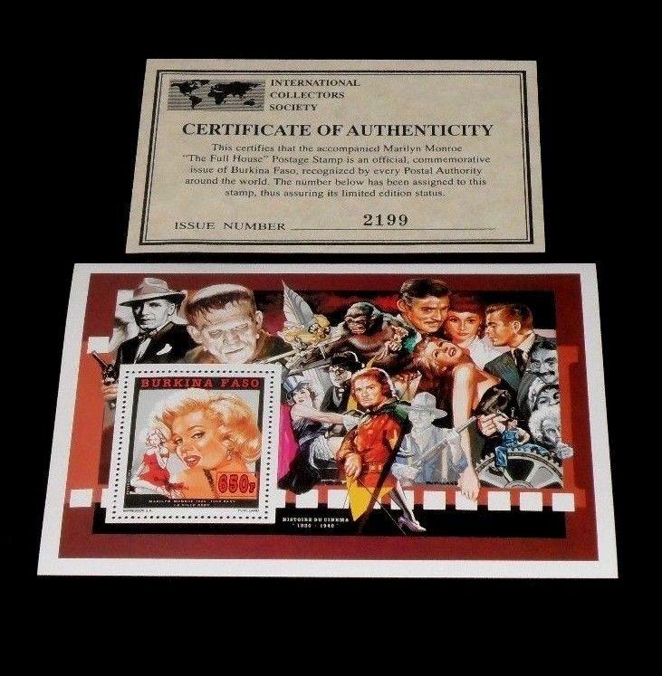 1995, BURKINA FASO, MARILYN MONROE, LIMITED EDITION, 650f SOUVENIR SHEET, W/COA