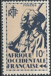French West Africa 17 (mlh) 10c colonial soldiers, indigo & buff (1945)