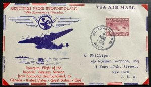 1939 St Johns Newfoundland First Flight Airmail Cover FFC to New York USA