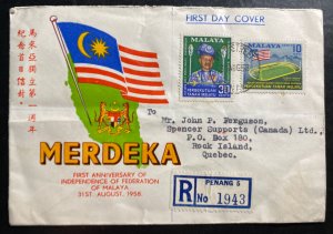1958 Penang Malaya First Day Cover FDC To Rick Island Canada Independence Issue