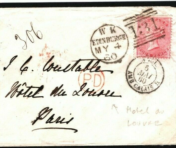 GB SCOTLAND Cover Edinburgh FRANCE Paris Hotel Du Louvre 4d Rose 1860 D209