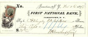 November 26, 1875 First National Bank check Jamestown, New York Internal Revenue