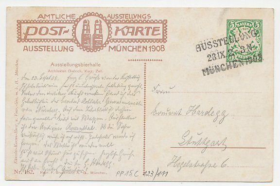 Postal stationery Bayern 1908 Exhibition - Beer Hall