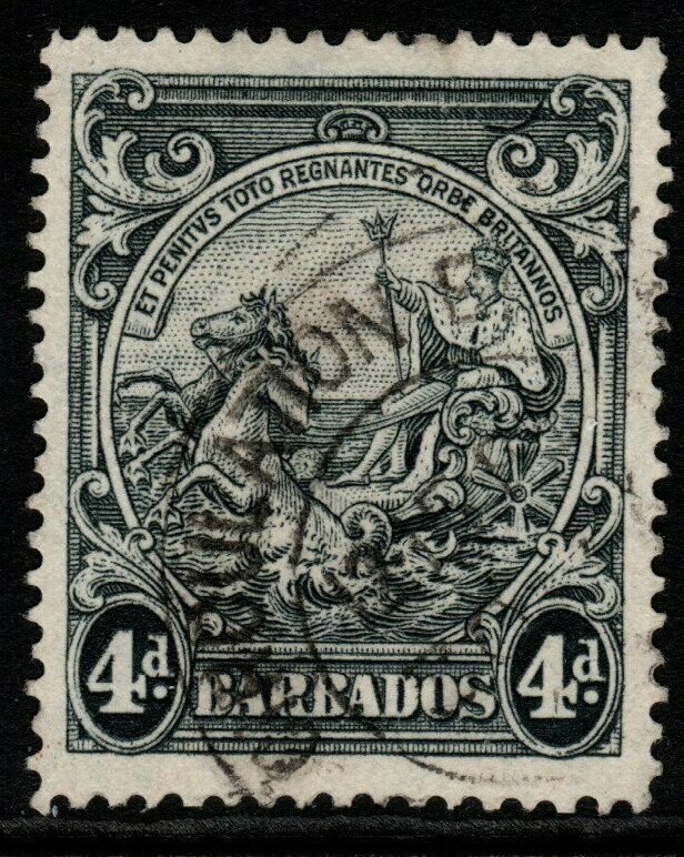 BARBADOS SG253db 1944 4d BLACK p14 CURVED LINE AT TOP FINE USED