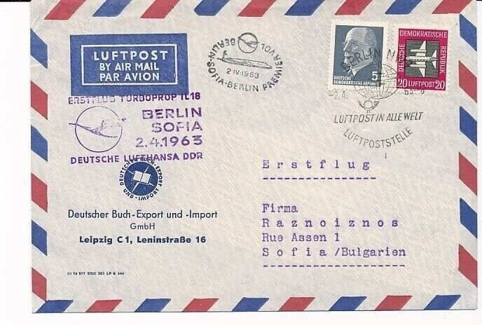 D116818 Lufthansa FFC Turboprop Berlin Sofia Airmail Cover East Germany 1963