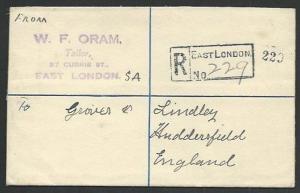 SOUTH AFRICA 1923 small 6d Registered envelope used to UK..................61068