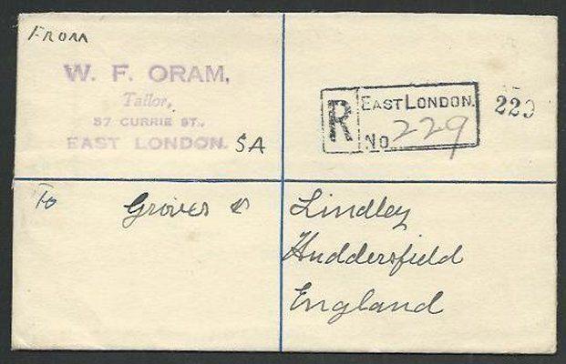 SOUTH AFRICA 1923 small 6d Registered envelope used to UK..................61068