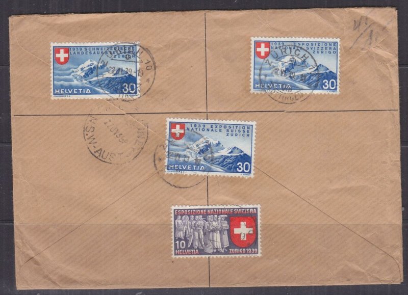 SWITZERLAND, 1939 Reg. cover, National Exhibition 30c. (3), Zurich to Australia.