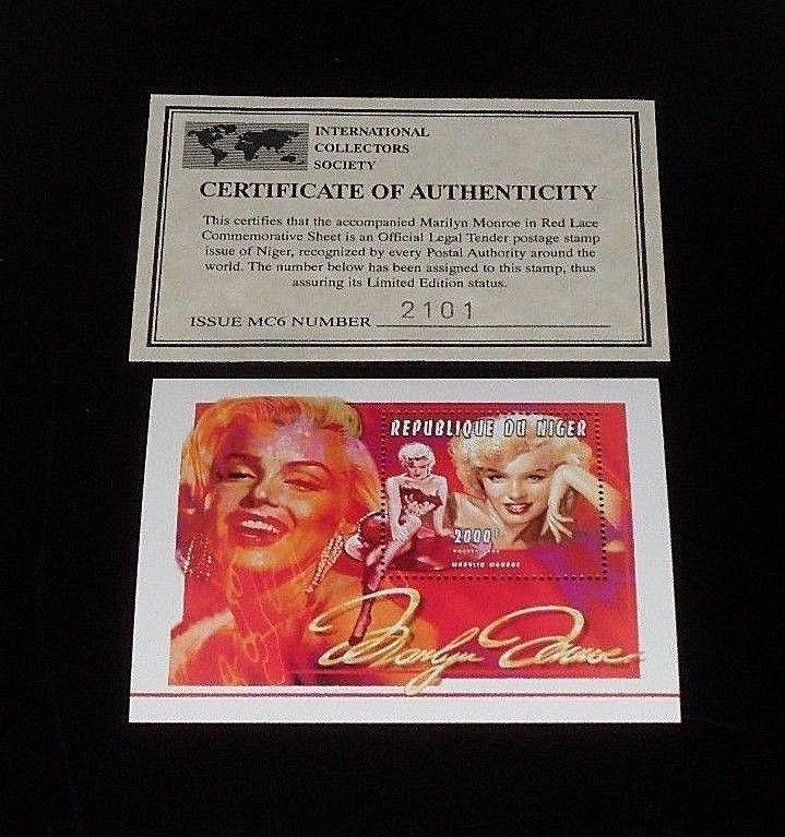 1996, NIGER, MARILYN MONROE, LIMITED EDITION, 2000f SOUVENIR SHEET, W/COA