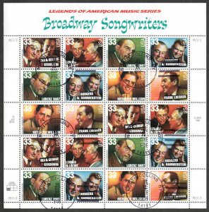 US #3345-50 Broadway Songwriters Full Sheet, VF, bold town cancels, vivid col...