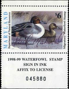 MARYLAND #25 1998 STATE DUCK STAMP PINTAIL ARTIST SIGNED  by Paul Makuchal