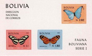 Bolivia 1970 Sc C302 C303 C304 Butterflies Souvenir Sheet Imperforate MNH Fauna