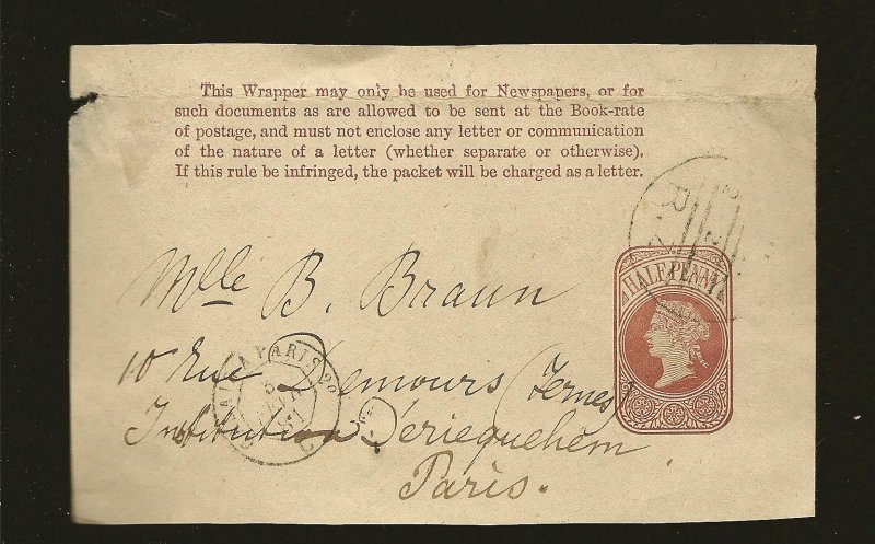 Great Britain 1881 Queen Victoria 1/2P Pre-stamped Newspaper Wrapper Front Only