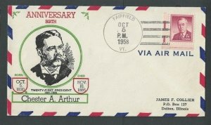 1958 7c Liberty #1040 Sole Usage On Chester Arthur Commemorative Cover Cacheted