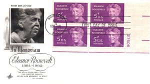 US FIRST DAY COVER ELEANOR ROOSEVELT SCOTT 1236 PLATE BLOCK OF FOUR 1963