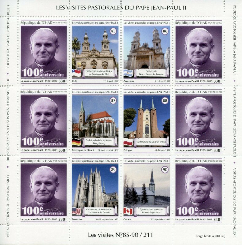 Chad Pope John Paul II Stamps 2020 MNH Popes Pastoral Visits 4x M/S 