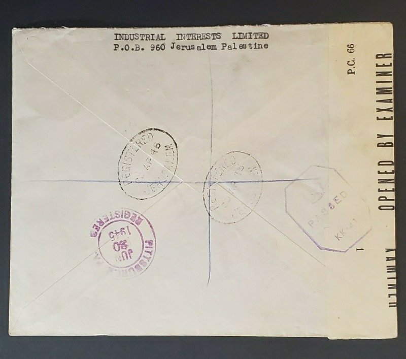 1945 Palestine to Pittsburgh PA Registered Censorship Commercial Air Mail Cover