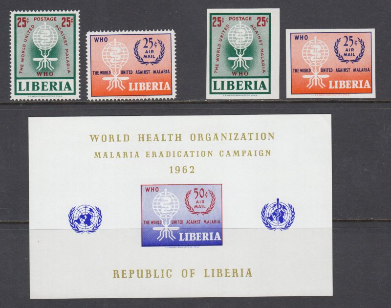 Liberia Sc 402, C139-C140 MNH. 1962 Malaria Eradication, cplt set including s/s