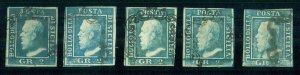 ITALIAN STATES - SICILY #13g, 2g blue, Group of 5, used, F/VF, Scott $600.00