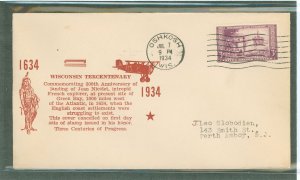 US 739 1934 3c Wisconsin Tercentenary (single) on an addressed (typed) first day cover with an unofficial Oshkosh cancel and a R