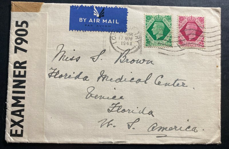 1941 England Censored Airmail Cover To Florida Medical Center Venice USA 