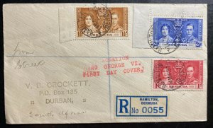 1937 Hamilton Bermuda To South Africa First Day cover Coronation king George VI