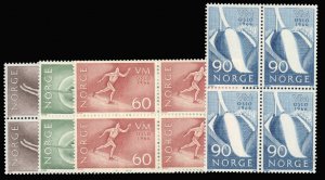 Norway #486-489 Cat$21.20, 1966 World Ski Championships, set in blocks of fou...