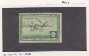 Scott # RW4 1937 Federal Duck Stamp F-VF Used Signed -No Faults Catalogue $65.0