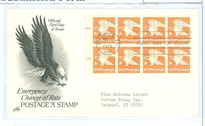 US 1736a 1978 Emergency change of rate FDC, artcraft cachet, coil block of 8