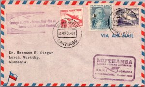 CHILE 1958 CACHET LUFTHANSA COMM FIRST FLIGHT COVER CANC SANTIAGO ADDR GERMANY