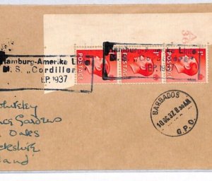 GB KEVIII CONTROL STRIP Cover *BARBADOS* PAQUEBOT Ship *MS Cordiller* 1937 YW104