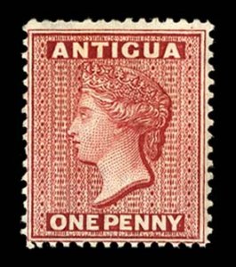 Antigua #8 Cat$250, 1873 1p lake, heavy hinge remnant