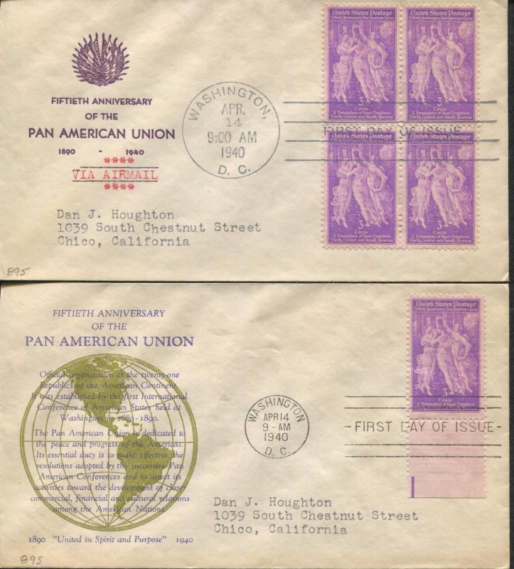 Lot of 2 First Day Covers 1940 Washington D.C. Pan American Union Stamps #895 