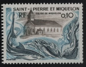 St Pierre et Miquelon 1974 MNH Sc 437 10c Church of Miquelon, fish